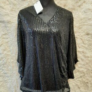 Grace Karin Womens Black Sequin 3/4 Sleeve V Neck Blouse